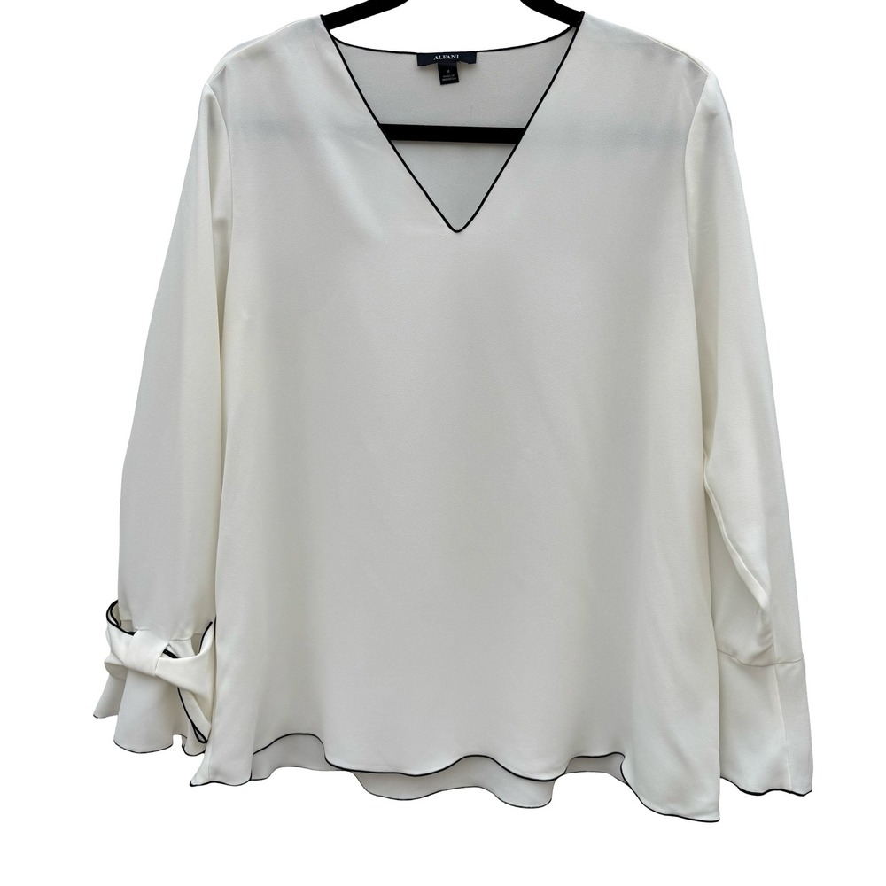 Alfani Womens White V-Neck Blouse Black Contrast Trim‎ Bow Bell Cuff Medium NWT